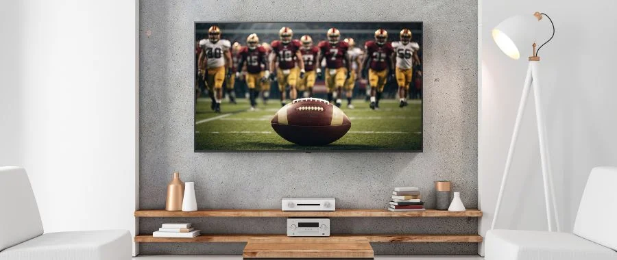 In a modern, minimalist living room, a TV is showing two football teams walking towards a football on the ground.