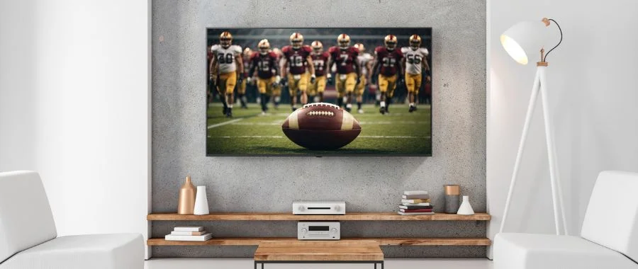 A TV on the wall with a football on it. The living room is neutral and empty.