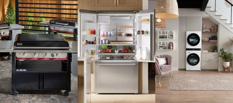 side-by-side image of Weber grill, stainless steel refrigerator and laundry tower