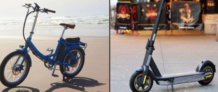 an electric bike and an electric scooter, side by side