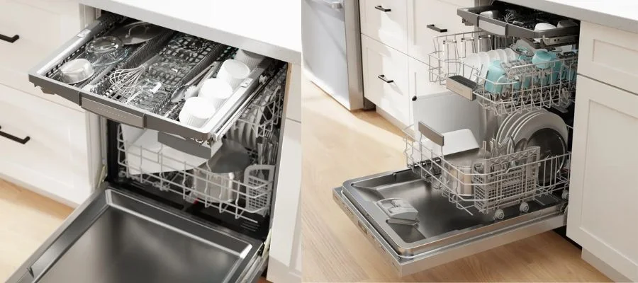 Two images showing off the Bosch 800 Series SHP78CM5N dishwasher’s three rack system and place setting capacity.