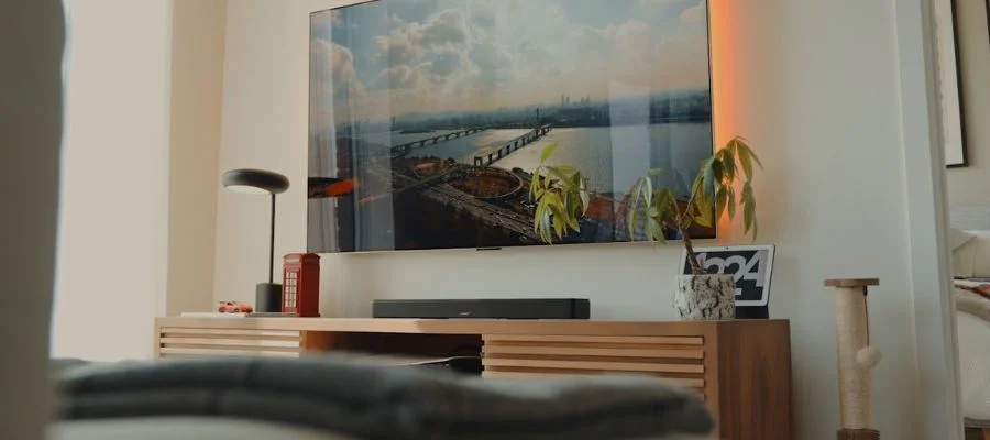 The Bose Smart Soundbar installed on a console table below a flatscreen TV.