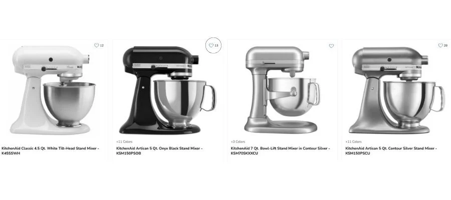 Screenshot of four KitchenAid stand mixers on abt.com.