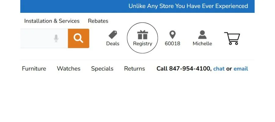 Screenshot of Abt.com homepage with Registry icon circled.
