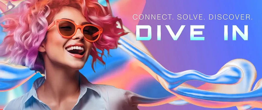 A girl with pink hair and sunglasses smiling with the words 'Connect. Solve. Discover. Dive In' next to her