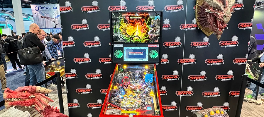 The Dungeons & Dragons: The Tyrant's Eye pinball machine from Stern Pinball display at CES 2025