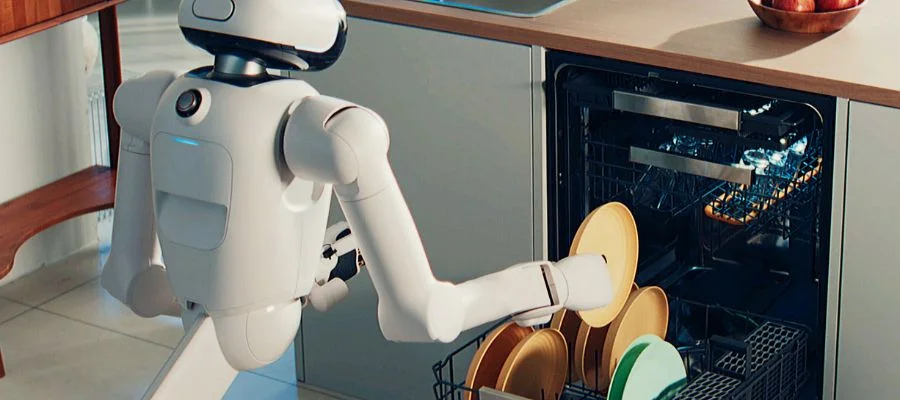 An image of the LG CLOiD robot loading a dishwasher with plates
