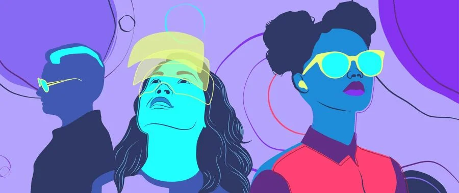 Illustration of man wearing smart glasses, woman wearing VR headset and woman with earbuds on a purple background.