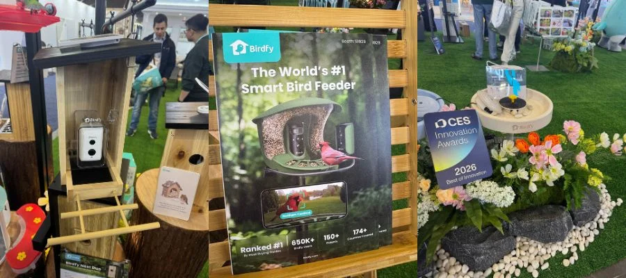 Side by side images of a Birdfy smart feeder, Birdfy booth signage and the Birdy Bath Pro