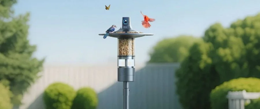 Stylized photo of Birdfy Feeder Vista with a cardinal hovering above the feeder and a bluebird perched on the feeder.