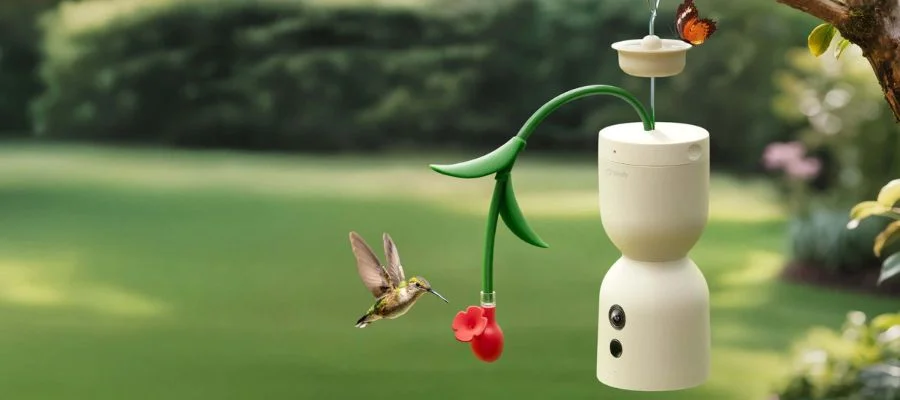 Stylized image of a hummingbird drinking nectar from the Birdfy Hum Bloom.