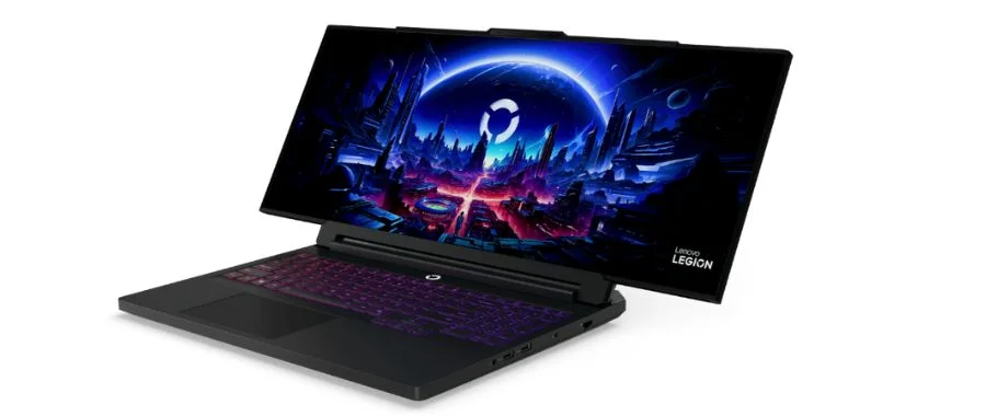Lenovo Legion Pro Rollable Laptop with its unrolled screen and a gaming world on its wallpaper