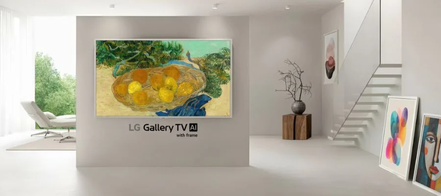 The LG Gallery TV displaying an impressionist painting in a minimalist room.
