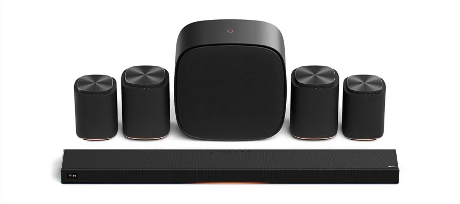 LG H7 soundbar, M5 speakers, M7 speakers and W7 subwoofer on a white background.