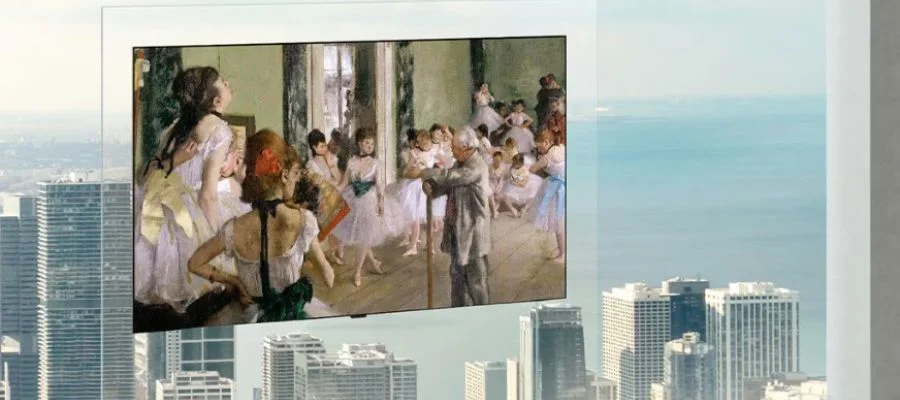 The LG OLED evo W6 Wallpaper TV displaying a work by Edgar Degas in a room against a glass window