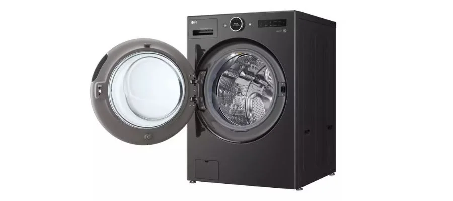 A dark gray LG Signature WashCombo against a white background with its door open