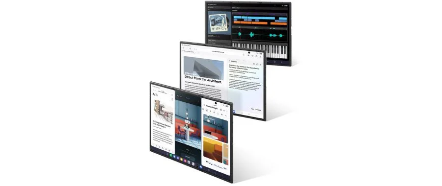 Three Samsung Galaxy Z TriFold phones open with three different displays.