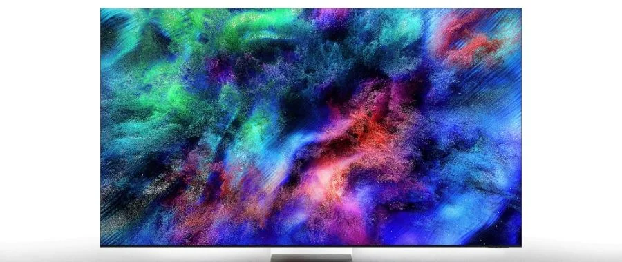 An image of a Samsung Micro RGB TV with a colorful background showing blues, greens and reds against a white background
