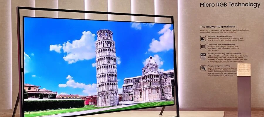 A concept 130-inch Micro RGB TV at Samsung's First Look CES 2026. The TV is in an easel-like frame.