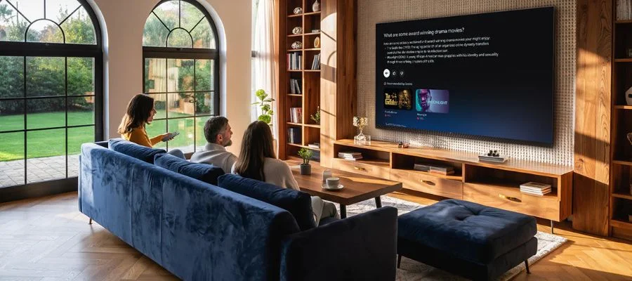 Three people sit on a blue velvet sofa in front of the TCL X11L TV, with one person holding the remote and using Google Gemini.