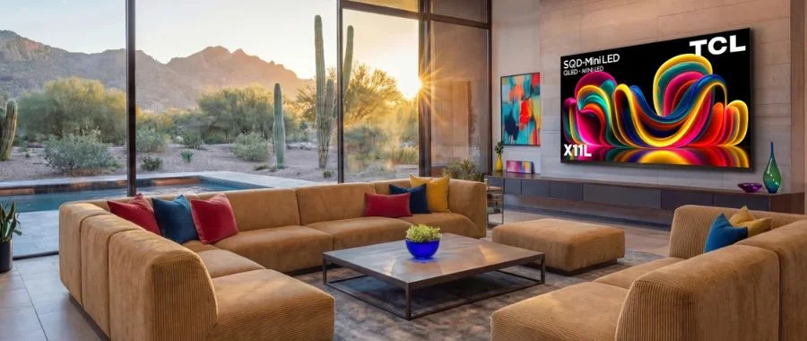 TCL X11L TV mounted on the wall in a room with a tan sectional and large windows.
