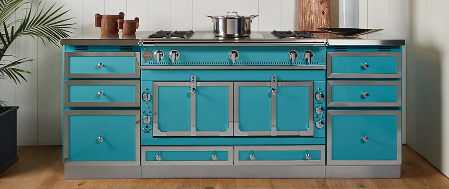 A turquoise kitchen range