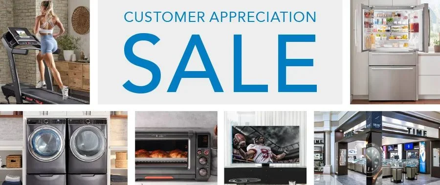 Customer Appreciation Sale banner showing a woman on a treadmill, laundry appliances, a TV, a refrigerator, the Abt Time Store and an air fryer