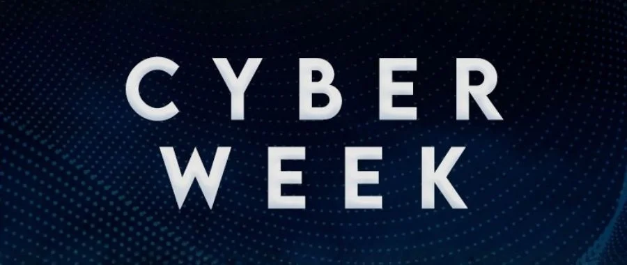 The words Cyber Week in white text on a navy textured background.