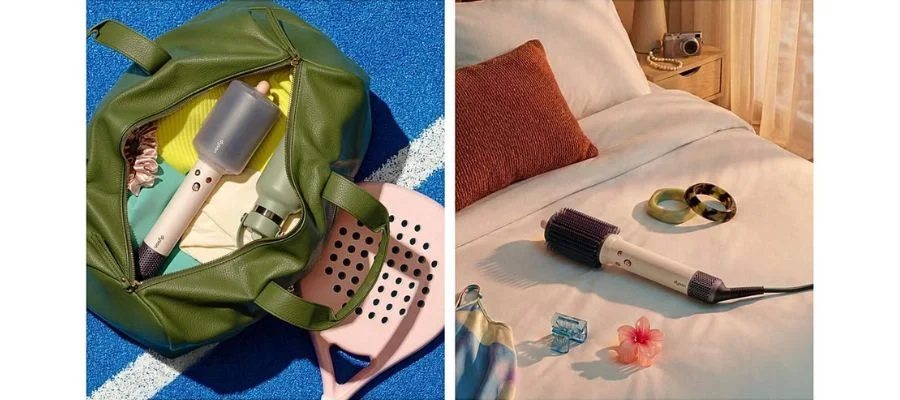 Side-by-side images of the Dyson Airsmooth in a gym bag and on a bed in a hotel room.