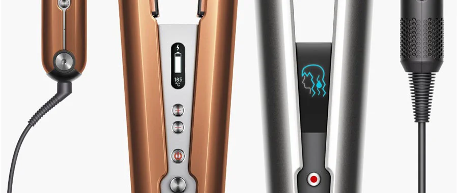 side-by-side closeup of copper dyson corrale and silver dyson airstrait hair tools