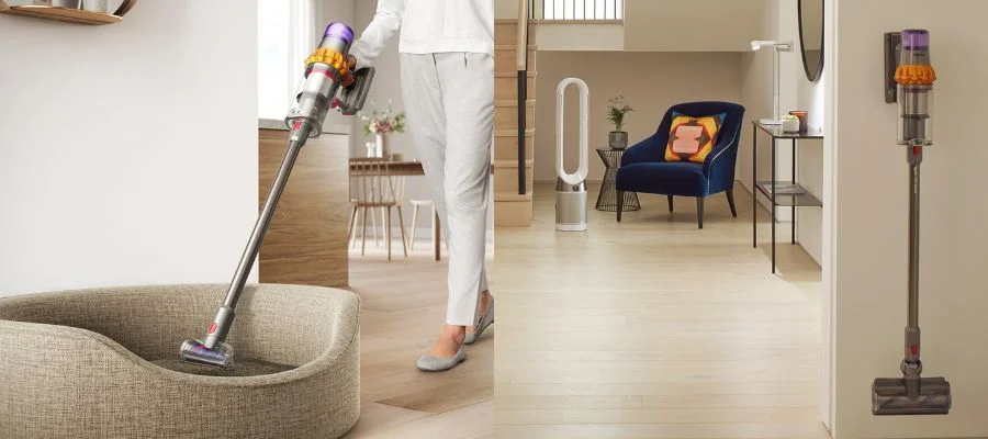 Side-by-side images of a person cleaning a dog bed with a Dyson V15 vacuum and a Dyson V15 vacuum hanging on its wall mount.
