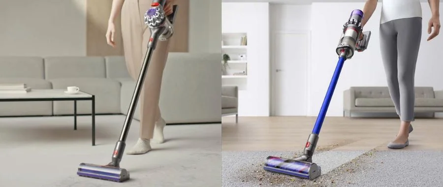 Side-by-side photos of the Dyson V8 vacuum and Dyson V11 vacuum cleaning carpet.