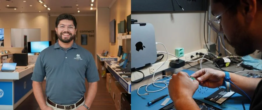 Side by side images of Jesse Esparza standing in front of a laptop display and Jessi repairing a laptop
