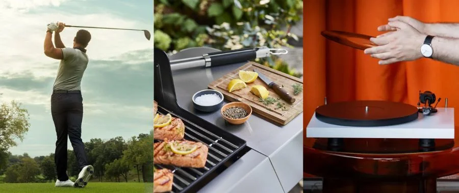 Side by side images of a man golfing, a Weber gas grill, and a man putting a record on a white turntable.