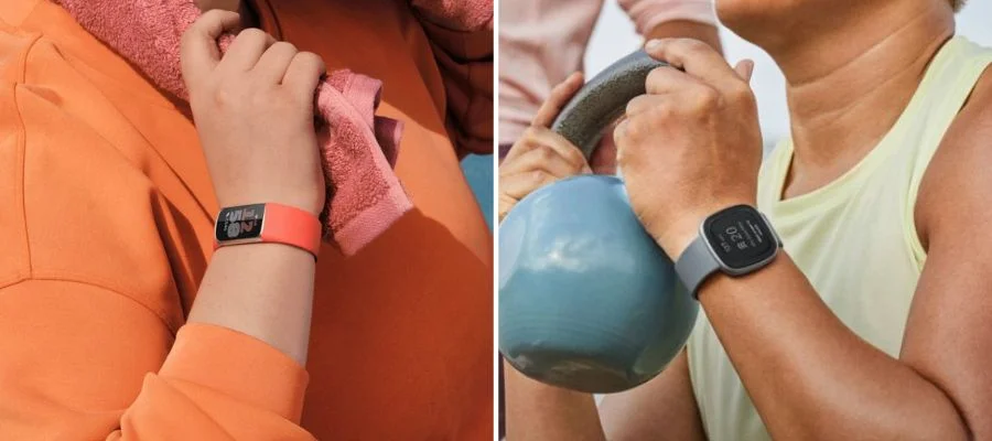 The Fitbit Charge 6 and Versa 4 being shown in workout situations.