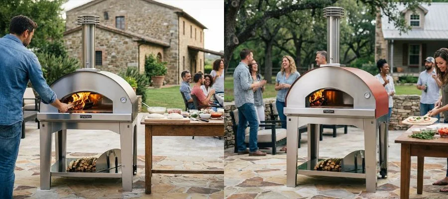 Side-by-side images of Fontana Forni wood-fired pizza ovens at outdoor gatherings.