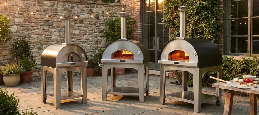 The Fontana Forni Margherita, Mangiafuoco and Marinara pizza ovens standing next to each other on a patio.