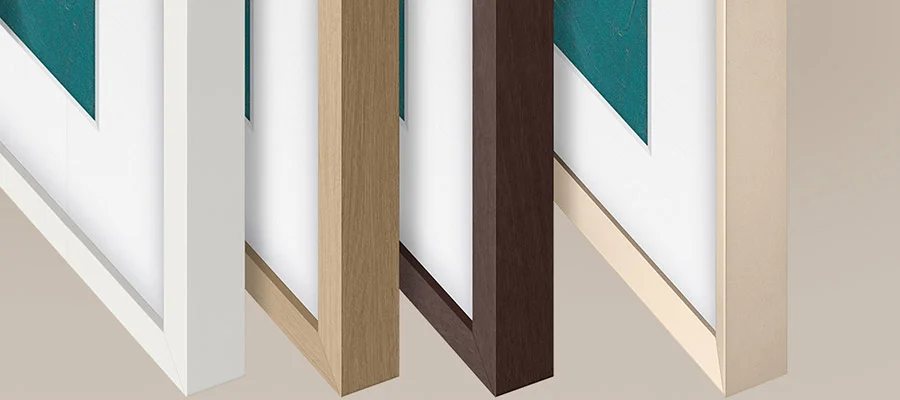 Samsung Frame Pro bezels in white, light wood, dark wood and gold