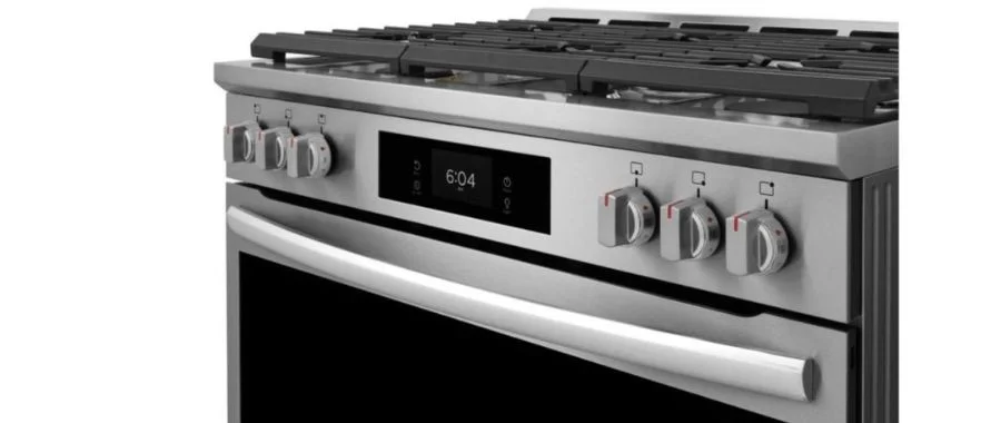 An angled view of the Frigidaire Gallery Dual Fuel range