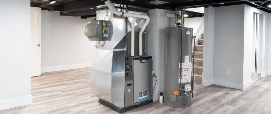 A furnace and hot water heater installed in a room with gray laminate flooring.