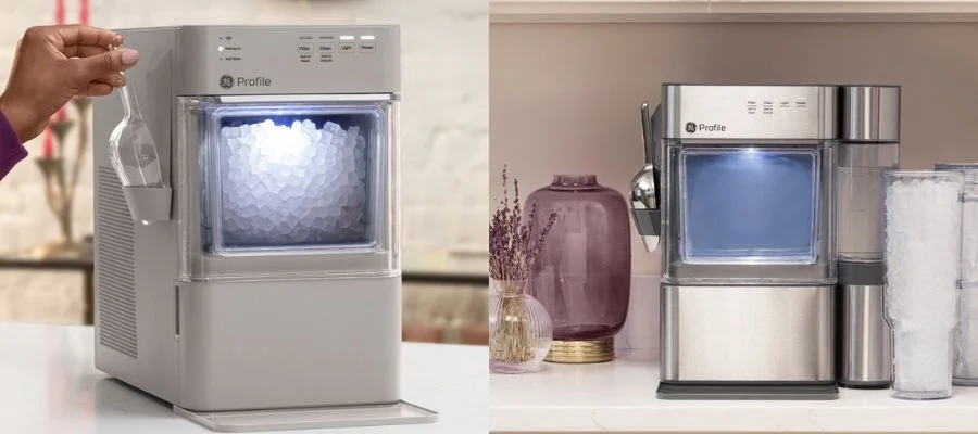 Two images, one of a GE Profile Opal Mini nugget ice machine and the Pro version, both on countertops. The pro version is beside glasses filled with ice.