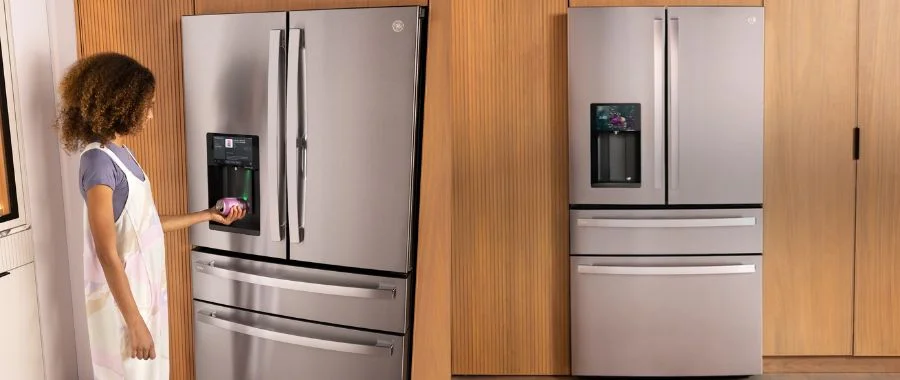 Side by side photos of a girl scanning a bar code on a GE Profile smart refrigerator, and a front view of the new GE Profile refrigerator.