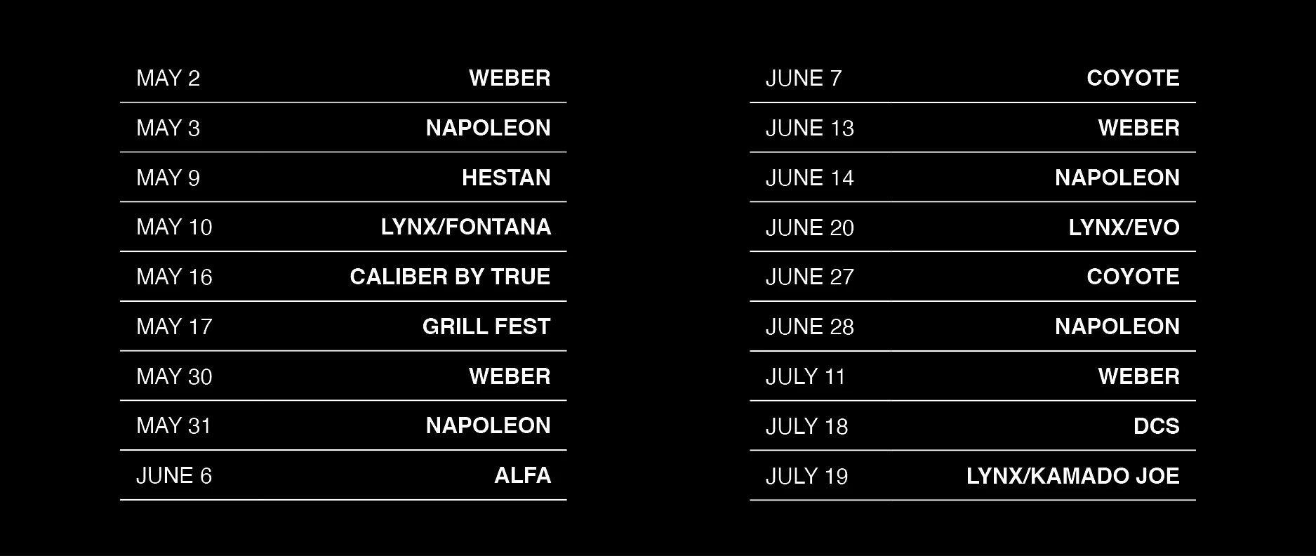 Schedule of the Abt Grill Fest events beginning in May and ending in July