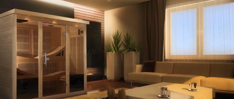 Home spa with a large sauna, low sofa, greenery and warm shades