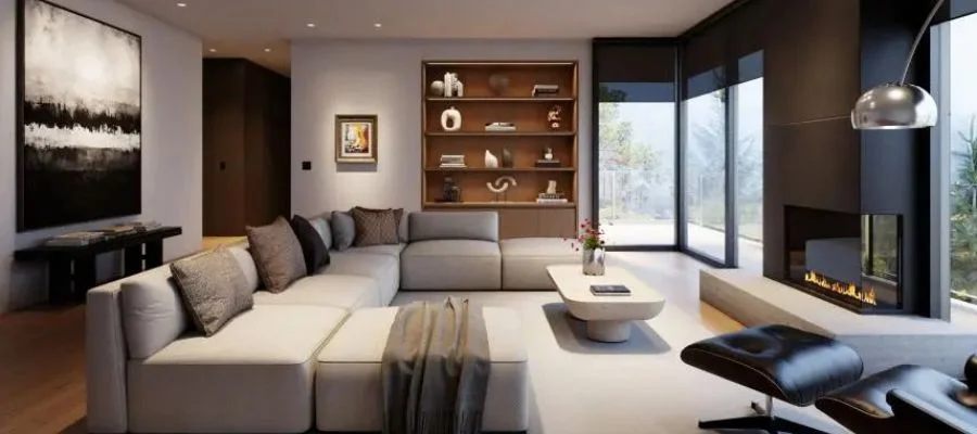 A cozy lounging space in a home set up with Lutron lighting and shading