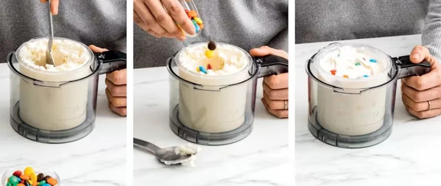 A sequence of three photos showing a person adding M&M’s into the Ninja Creami pint.