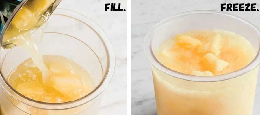Two images side-by-side, showing ingredients being added into the pint and the other shows a half-frozen mixture.