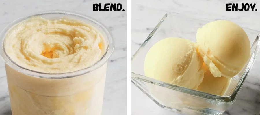 Two images side-by-side, showing how the pint should look right after you’ve blended and then served up your dessert.