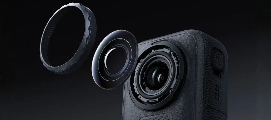 45-degree view of the Insta360 X6 camera's replaceable lenses.