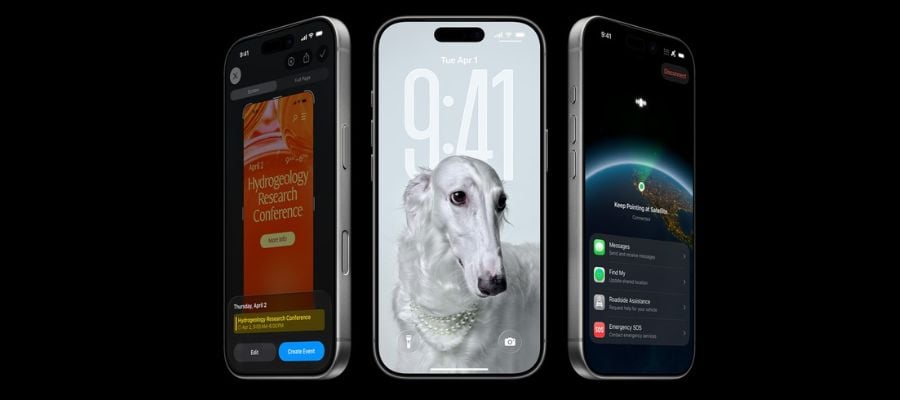 Three different iPhone 17 Pros, showcasing what can be done on the home screen and more. There is a black background.